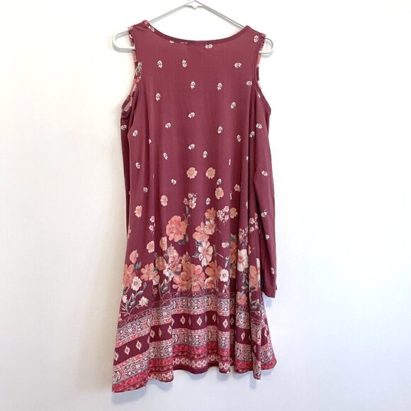 DEREK HEART Mauve Pink Floral Border Print Cold Shoulder Long Sleeve Shift Dress - Picture 11 of 15